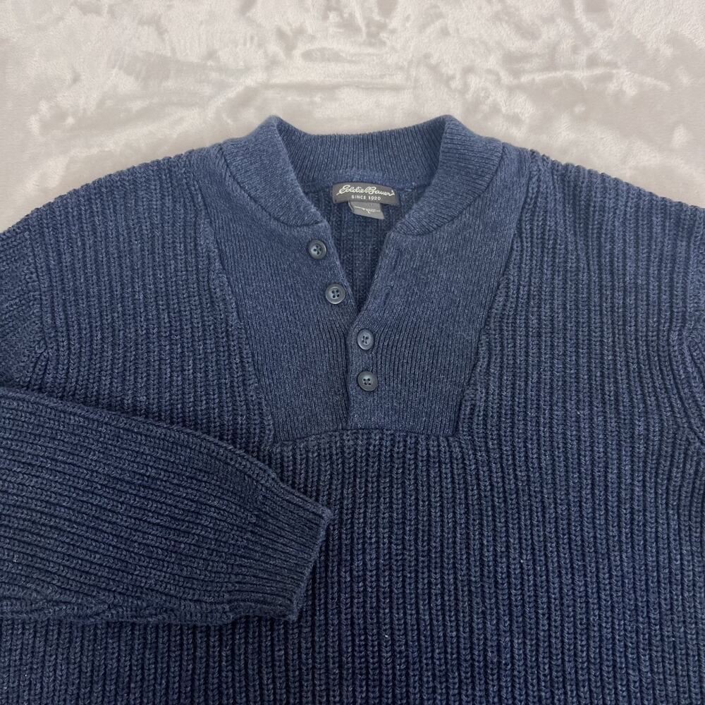 VTG Eddie Bauer Sweater Mens L Tall Blue Chunky Knit Henley Old Money Preppy 90s